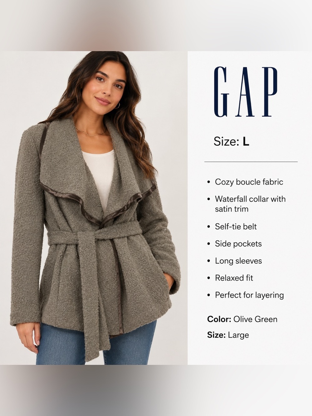 Gap Belted Wool Blend Wrap taupe Jacket Cardigan Size L